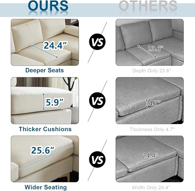 VINGLI 110" Modern Sectional Couch with 51" D Double Chaise, Beige Deep Seat U Shaped Couch with Removable Pillows & Metal Legs, Comfy 4-Seat Sofas for Living Room, Linen Fabric