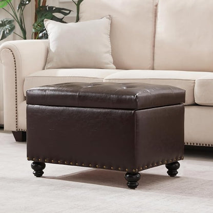 Zihanhome Leather Ottoman with Storage, Upholstered Button Tufted Ottoman Foot Rest, Foot Stools, 24" Rectangle Ottomans with Storage for Living Room, Bedroom, Dorms and Apartments (Brown-PU)