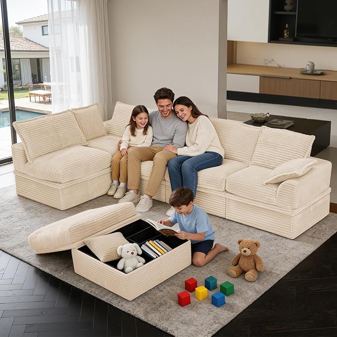 Upgrade Boneless Couch with Storage, Extra Deep&High Seat Modular Sectional Sofa 5 Seater U Shaped Couch with Ottoman, Tool-Free Assembly Sectional Couches for Living Room
