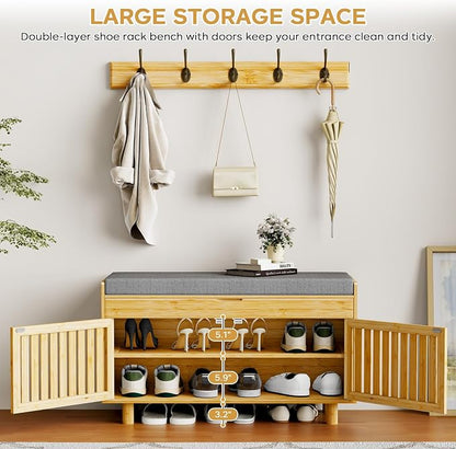 Shoe Storage Bench Coat Rack Set, 35.4" Bamboo Shoes Bench with Lift Top Hidden Storage & Wall Hooks, Hall Tree Entryway Bench with Seat Cushion, 2-Tier Shoe Cabinet for Entryway, Living Room, Bedroom