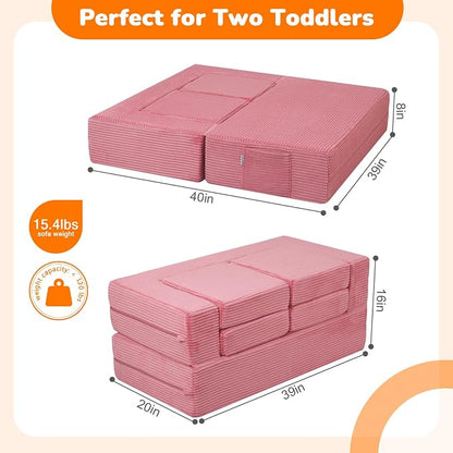 MeMoreCool Pink Corduroy Kids Play Couch, Modular Toddler Couch for Girl's Bedroom, Convertible Foam Kids Sofa Fold Out, Washable Cover, Playroom Furniture for Girls Ages 1-5