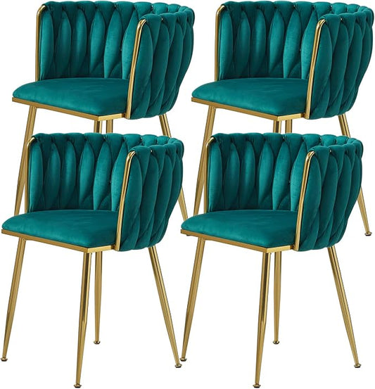 Velvet Dining Chairs Set of 4, Modern Upholstered Dining Room Chairs with Golden Metal Legs and Woven Backrest for Dining Room, Kitchen, Vanity, Living Room (Green)