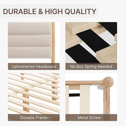 KISLOT Wood Bed Frame with Upholstered Headboard Wooden Platform with Silent Slat Support Mattress Foundation No Box Spring Needed, Easy Assembly