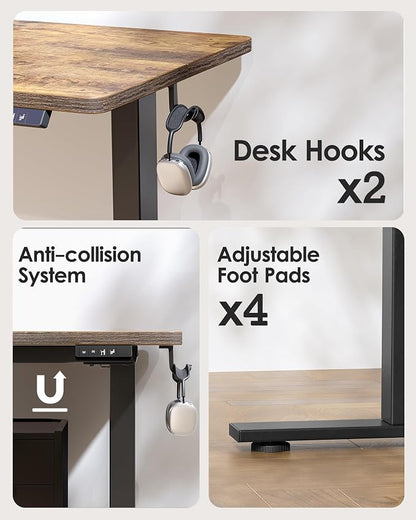 TIQLAB Standing Desk 47 x 24 inch, Electric Height Adjustable with Splice Board, Stand Up Desk, for Home Office, Black Frame/Rustic Brown Top