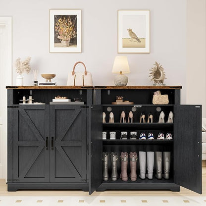 ALLSTAND 6-Tier Shoe Cabinet with Doors, Entryway Shoe Rack Shoe Storage Cabinet with Adjustable Shelves & Anti-tip Fitting, Farmhouse Shoe Cabinet Storage for Entryway, Living Room, Closet, Black