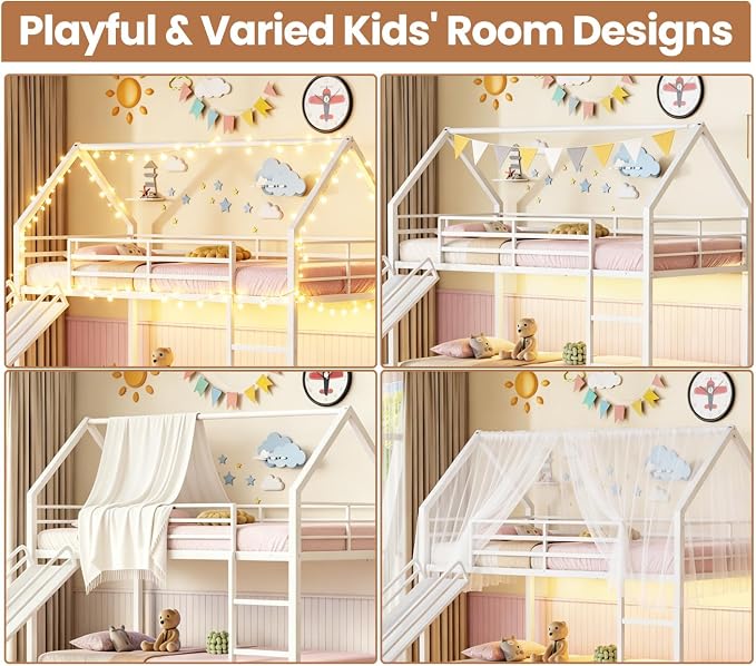 Twin Over Twin Bunk Bed with Slide 40° Gentle-Slope & LED Light, House-Shaped Low Bunk Bed Twin Size with 13.4" Extra-Tall Guardrail & Ladder, Heavy Duty, No Box Spring Needed, Easy Assembly, White
