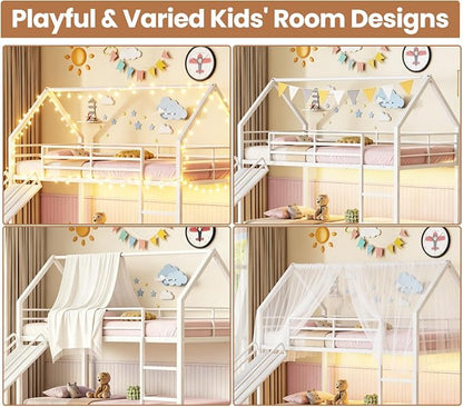 Twin Over Twin Bunk Bed with Slide 40° Gentle-Slope & LED Light, House-Shaped Low Bunk Bed Twin Size with 13.4" Extra-Tall Guardrail & Ladder, Heavy Duty, No Box Spring Needed, Easy Assembly, White