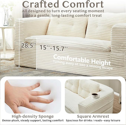 80'' Futon Sofa Bed, King Size Foldable Sleeper Sofa, Corduroy Boneless Loveseat Couch with Chaise Lounge, 3 Pillows, Blanket, Upholstered Sectional Couches for Living Room, Bedroom, Beige