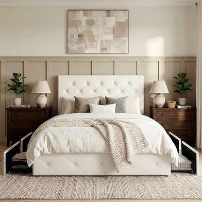 Allewie Upholstered Full Size Platform Bed Frame with 4 Storage Drawers and Headboard, Diamond Stitched Button Tufted, Mattress Foundation with Wooden Slats Support, No Box Spring Needed, White