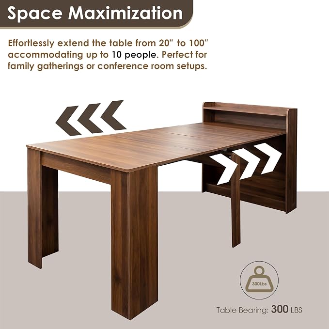 20"-99" Extendable Dining Table with Storage for 2-10 People, Modern Modular Extension Table, Space-Saving Extra Long Folding Dining Table, Multifunctional Conference Meeting Table, Walnut
