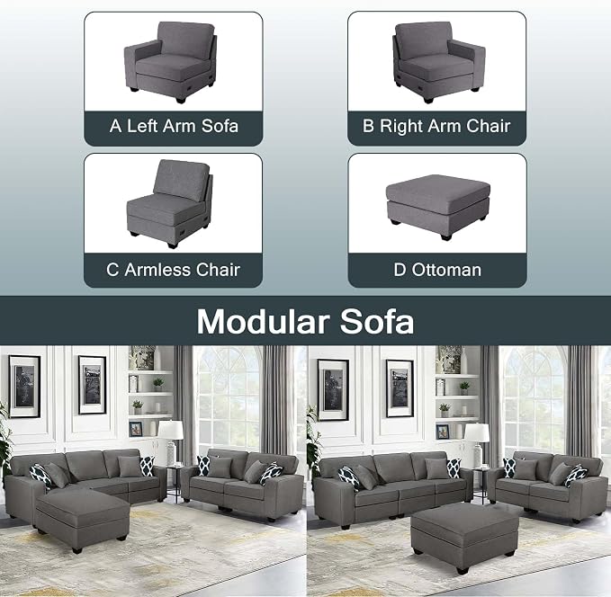 Legend Vansen Oversized Modular Sectional Sofa,U/L‑Shaped Reversible Couch with Ottoman,Deep Seat Plush Polyester Sofa for Living Room,6‑Seater,Dark Grey