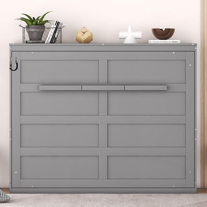 Ball & Cast Full Size Murphy Bed,Hideaway Beds with Dual Piston Metal Folding Mechanism Designed,Wood Wall Cabinets Bedframe w/Slat Support and Storage Platform Top,Hardware Chain,for Apartment,Gray