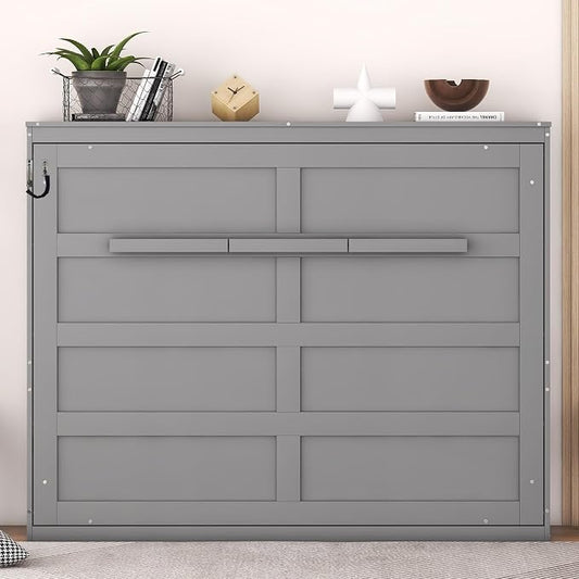 Ball & Cast Full Size Murphy Bed,Hideaway Beds with Dual Piston Metal Folding Mechanism Designed,Wood Wall Cabinets Bedframe w/Slat Support and Storage Platform Top,Hardware Chain,for Apartment,Gray