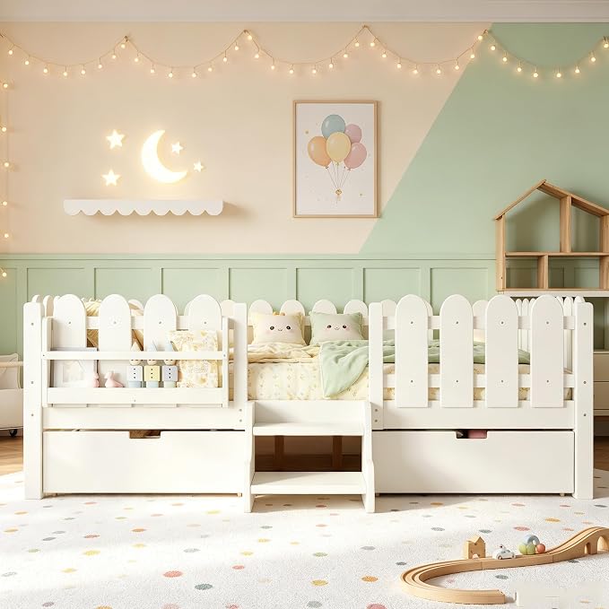 Bellemave Queen Kids Montessori Bed with Stairs, Bookshelf and LED Lights, Solid Wood Kids Bed Frame with Storage Drawers for Boys Girls, Low Profile,Beige