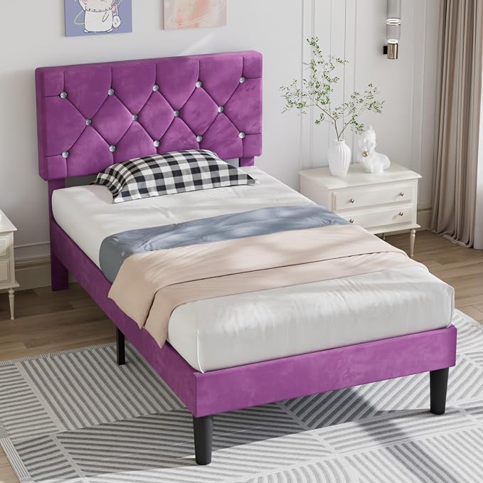 VECELO Twin Size Bed Frame with Diamond Tufted Headboard, Upholstered Platform Bedframe with Wood Slat Support, No Box Spring Needed, Velvet & Purple