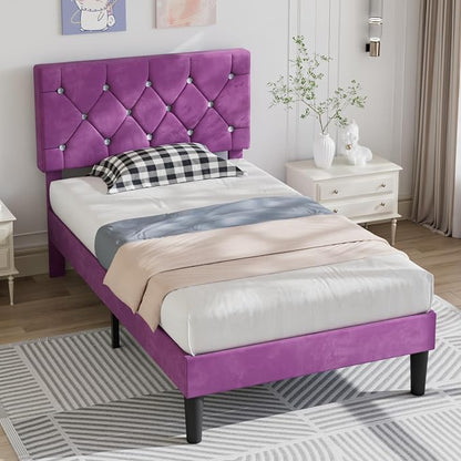 VECELO Twin Size Bed Frame with Diamond Tufted Headboard, Upholstered Platform Bedframe with Wood Slat Support, No Box Spring Needed, Velvet & Purple