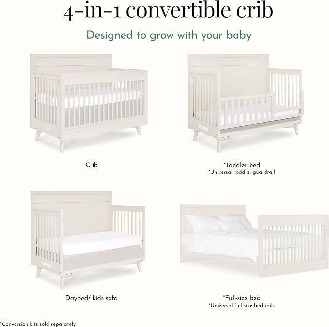 Evolur Loft Antilia 4-in-1 Convertible Full-Size Baby Crib in Vanilla Bean, GreenGuard Gold & BSA, Converts to Toddler, Day & Full-Size Bed, 3 Mattress Heights Modern Scandinavian Design