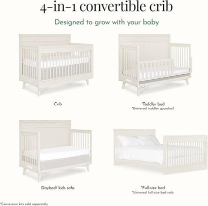 Evolur Loft Antilia 4-in-1 Convertible Full-Size Baby Crib in Vanilla Bean, GreenGuard Gold & BSA, Converts to Toddler, Day & Full-Size Bed, 3 Mattress Heights Modern Scandinavian Design