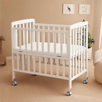 Flwrgirl Convertible Mini Baby Crib - Portable Bedside Bassinet with Mattress Included,3 Heights Baby Crib with Wheels for Small Room and Newborns 0-12 Months,White
