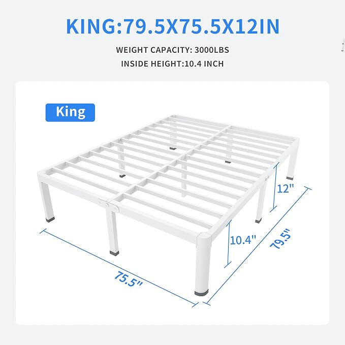 MAF 12 Inch King Metal Platform Bed Frame White with Round Corner Legs, Mattress Slide Stopper, 3000 LBS Heavy Duty Steel Slats Support, Noise Free, No Box Spring Needed, Easy Assembly