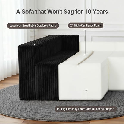 128" U-Shaped Modular Sofa, Modern Cloud Couch with Double Chaise, Sectional Boneless Couches for Living Room Bedroom, No Assembly Required, Black