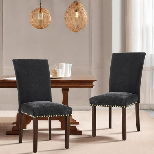 COLAMY Upholstered Parsons Dining Chairs Set of 2, Fabric Dining Room Kitchen Side Chair with Nailhead Trim and Wood Legs - F-Black