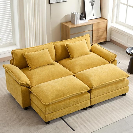 Oprisen 86" Modular Sectional Sofa, Comfy Cloud Couch Sectional Sofa with Ottoman, Chenille Sofa Sleeper Deep Seat Sofa with Throw Pillows for Living Room (Yellow)