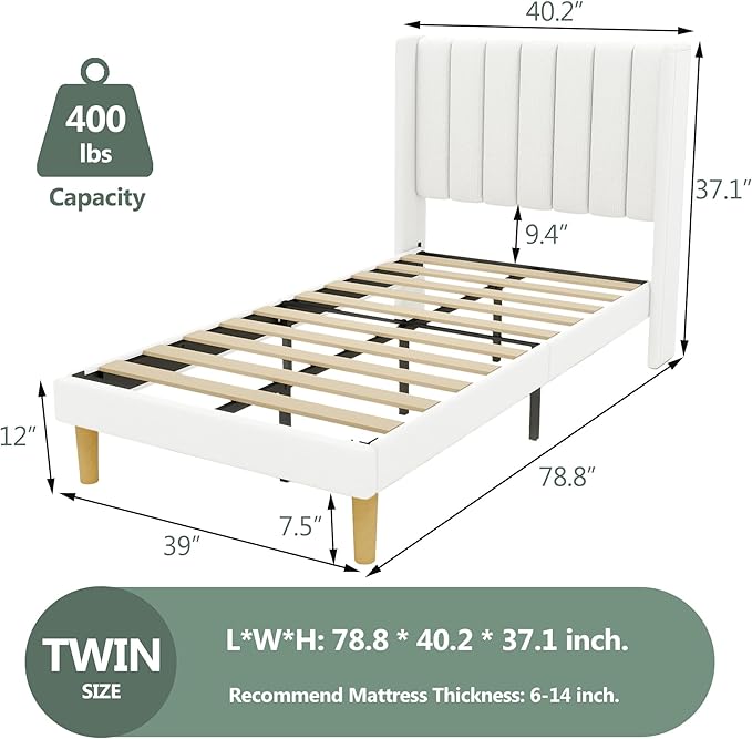 alazyhome Platform Bed Frame Twin Size with Upholstered Headboard, Solid Wood Slats Support, No Box Spring Needed, Noise Free, Easy Assembly, Modern Fabric Bed, White