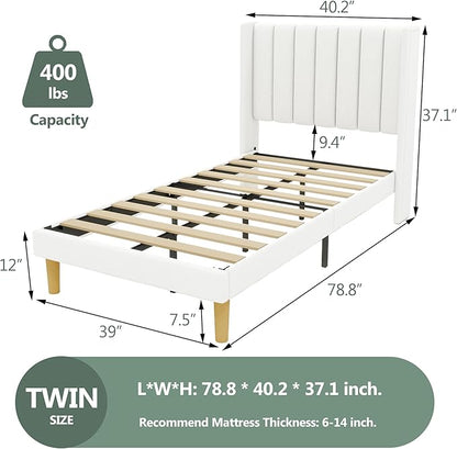 alazyhome Platform Bed Frame Twin Size with Upholstered Headboard, Solid Wood Slats Support, No Box Spring Needed, Noise Free, Easy Assembly, Modern Fabric Bed, White