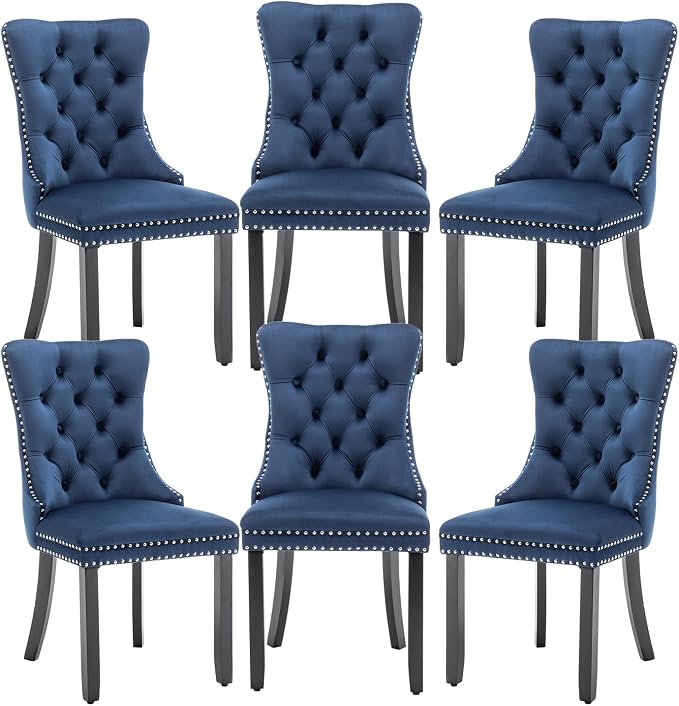 Hixkol Velvet Dining Chairs Set of 6,Upholstered Dining Chairs with Ring Pull Trim and Button Back,Modern Seating for Kitchen, Bedroom & Living Room(Blue)