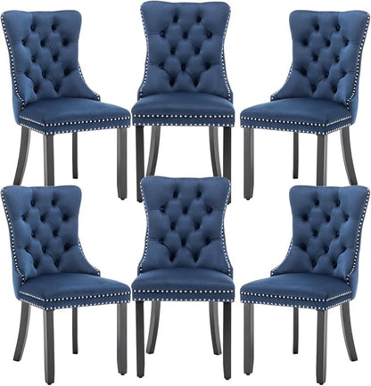 Hixkol Velvet Dining Chairs Set of 6,Upholstered Dining Chairs with Ring Pull Trim and Button Back,Modern Seating for Kitchen, Bedroom & Living Room(Blue)