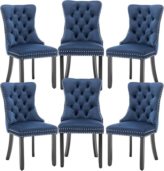 Hixkol Velvet Dining Chairs Set of 6,Upholstered Dining Chairs with Ring Pull Trim and Button Back,Modern Seating for Kitchen, Bedroom & Living Room(Blue)