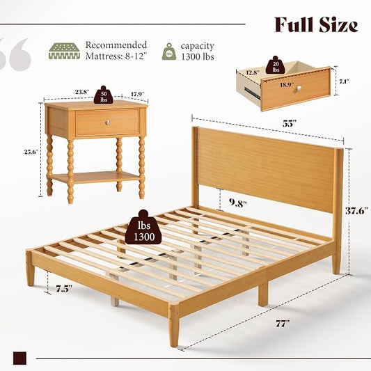 AMERLIFE 3 Piece Bedroom Set Includes Solid Wood Full Platform Bed Frame with Headboard and 2 Nightstands with Spindle-Turned Legs, Mid Century Modern Bedroom Furniture, Natural