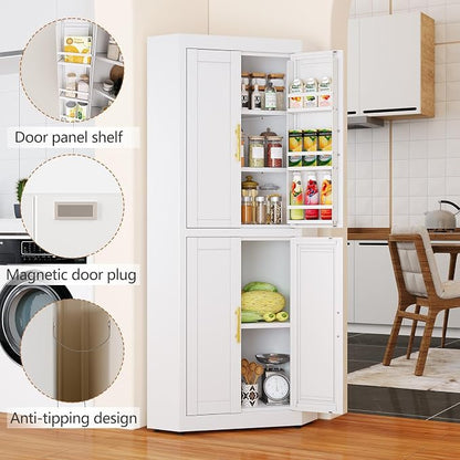 GAIOUS 63" Tall Steel Corner Cabinet, Metal Storage Cabinets with 4 Doors and 3 Shelves, Pantry Cabinets with 6 Door Panel Shelves, Farmhouse Cupboard for Kitchen Dining Room Hallways, White