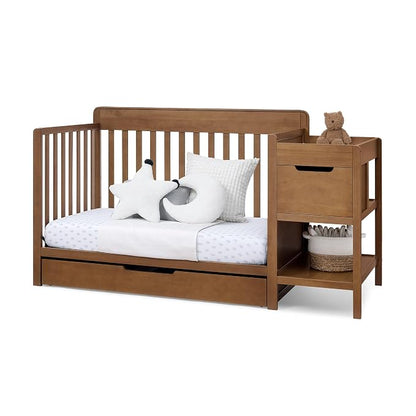 Delta Children Maya 5-in-1 Convertible Crib and Changer with Storage, Converts to Toddler Bed, Daybed, Sofa & Full Bed, Greenguard Gold Certified, 3 Mattress Heights for Baby, Chestnut