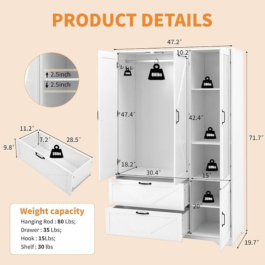 Armoire Wardrobe Closet with 3 Door, Bedroom Armoire with Mirror, LED Light, Hanging Rod, Drawers,Adjustable Shelves,Large Capacity Closet for Bedroom,47.2L,White