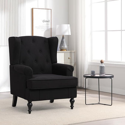 Accent Chair for Living Room, Mid Century Modern Upholstered Armchair, Wingback Chair with Tufted High Back and Solid Legs, Comfy Side Chairs Single Sofa for Bedroom, Black