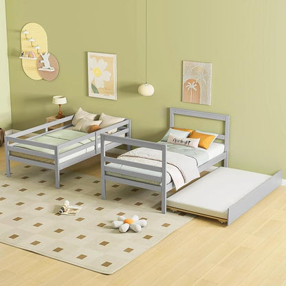 Giantex Bunk Bed Twin Over Twin with Trundle & Storage Stairs, Solid Wood Bunk Bed, Convertible to 2 Beds, Versatile Bunk Beds for Kids Teens Adults, Grey