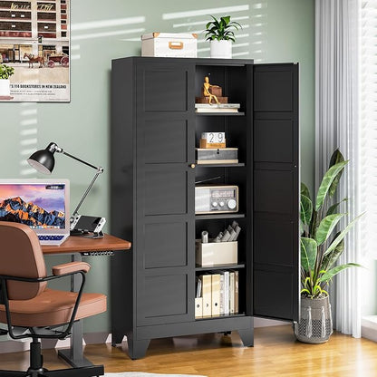 Letaya 71" H Metal Storage Cabinet with 2 Doors and 4 Shelves,Tall Kitchen Pantry Cabinets,Utility Pantry Organizers for Cupboard/Dining/Bathroom/Home Office/Garage (Black, 71" H x 16" D x 32" W)