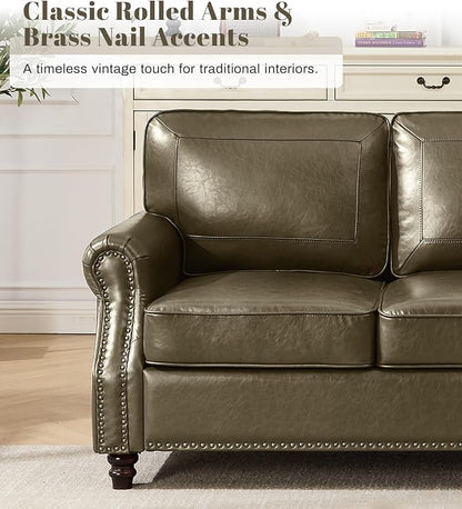Kingfun Mid-Century Modern Couch, Faux Leather Sofa Set, 3 Seater Couch for Living Room with Rolled arms & Nailhead Trim, Olive Green