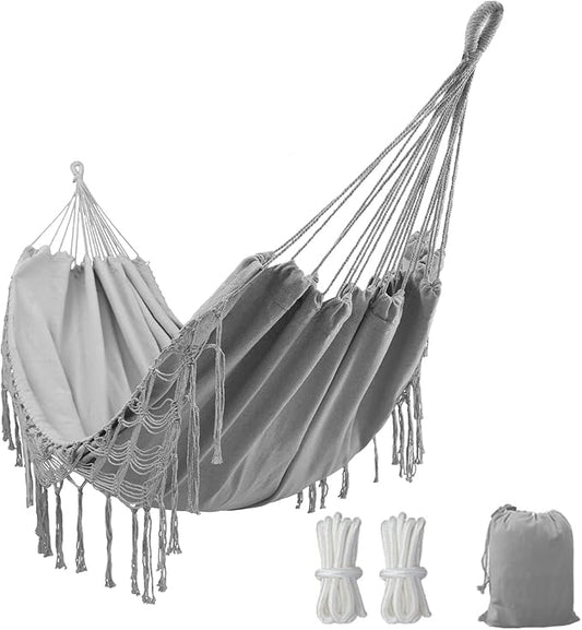 Double Boho Macrame Hammock with Elegant Tassels for Patio, Yard, Beach Wedding Decor, Outdoor and Indoor Up to 450lbs Include Tie Ropes and Drawstring Bag