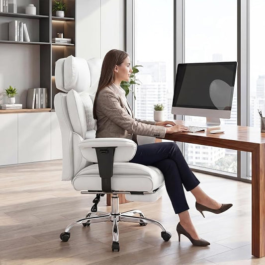 DUMOS Big and Tall Home Office Desk Chair, Ergonomic Executive Chair with Footrest, Computer Gaming Chairs with High Back Reclining, Adjustable Armrests and Comfy Lumbar Support, PU Leather, White