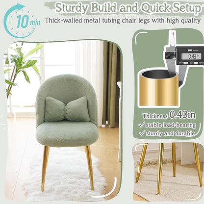 VINGLI Fluffy Girls Vanity Chair with Back & Pillow,Cute Small Cozy Desk Chair No Wheels,Comfy Makeup Ch with Ajustable Gold Legs,for Bedroom,Living Room,Small Space,Green