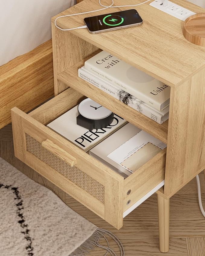 Aienvey Rattan Nightstand with Charging Station, Small Night Stand, Side Table with Drawer Open Shelf, Cane Accent Bedside End Table with Wood Legs, Modern Nightstand for Bedroom, Oak (Modern)
