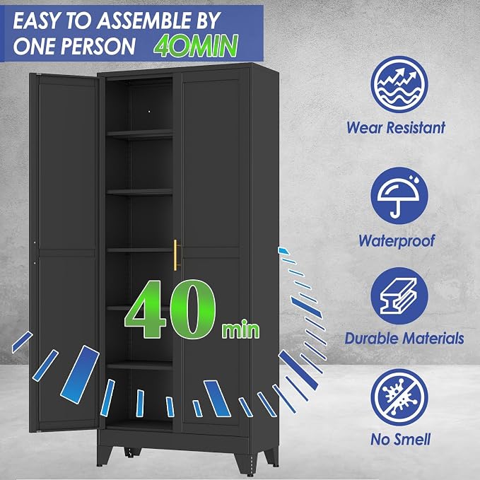 75" Metal Garage Storage Cabinet with 2 Doors, 5 Adjustable Shelves | Metal Storage Cabinets,Steel Tool Cabinets for Home Office,Garage,Warehouse, Widen (Black, 75''H x 32''W x 16''D-B)