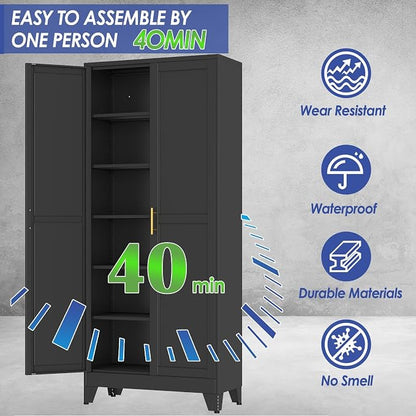 75" Metal Garage Storage Cabinet with 2 Doors, 5 Adjustable Shelves | Metal Storage Cabinets,Steel Tool Cabinets for Home Office,Garage,Warehouse, Widen (Black, 75''H x 32''W x 16''D-B)