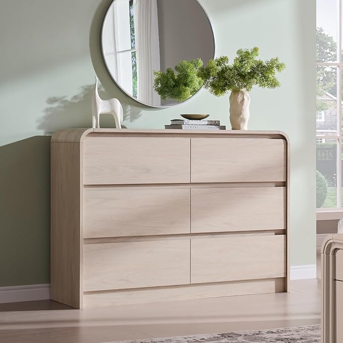 Aitjunz Modern 6 Drawers Dresser for Bedroom, 47" Wide Wood Dressers, Cream | Wooden Dressers & Chests of Drawers w/Curved Profile Design, Mid Century Dresser w/Handleless Design for Bedroom, Living Room