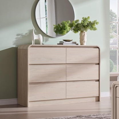 Aitjunz Modern 6 Drawers Dresser for Bedroom, 47" Wide Wood Dressers, Cream | Wooden Dressers & Chests of Drawers w/Curved Profile Design, Mid Century Dresser w/Handleless Design for Bedroom, Living Room