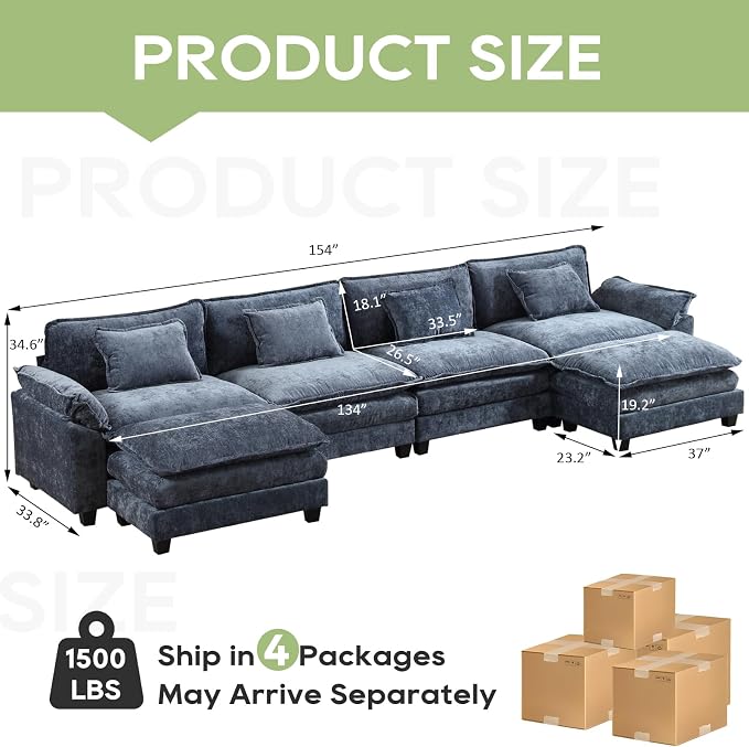 Oprisen 154" Modular Sectional Sofa, Comfy Cloud Couch Sectional Sofa with Ottoman, Chenille Sofa Sleeper Deep Seat Sofa with Throw Pillows for Living Room (Blue, 154"- U Shape)