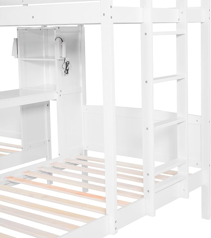 VilroCaz Twin Over Twin & Twin Bunk Bed with Built-in Desk and Storage Shelves, 3 Beds in 1 Design Solid Wood Triple Bunk Bed with Reading Lamp and Guardrails for Kids Teens Aldults (White-2.14)